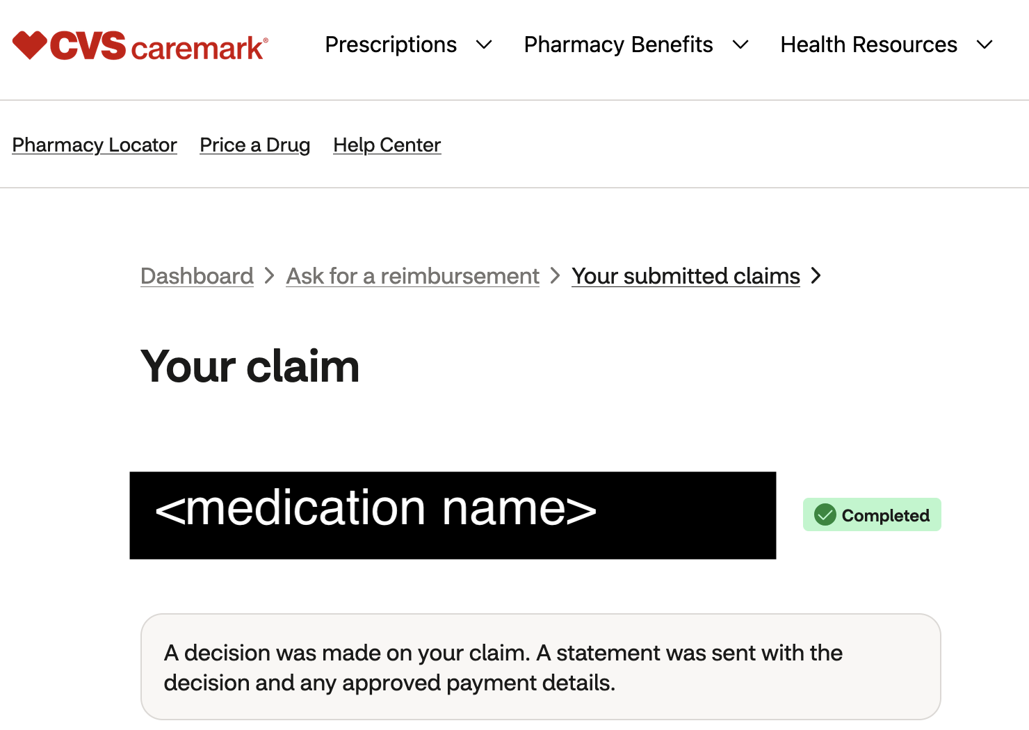 screenshot of a completed Caremark reimbrusement cliam
